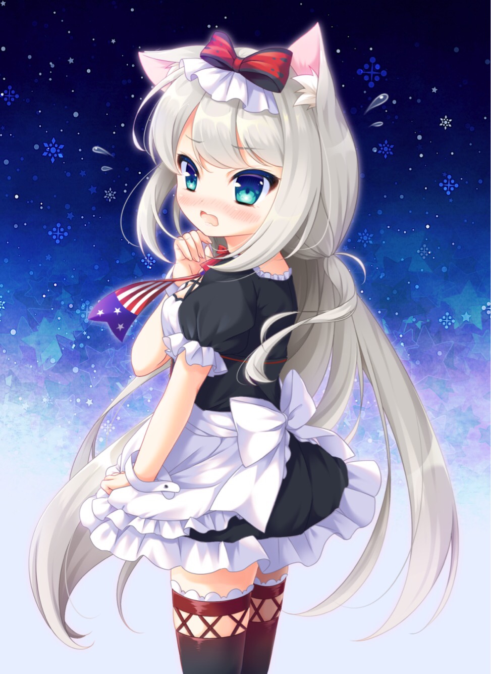1girl american_flag american_flag_print animal_ears apron azur_lane bangs black_dress black_legwear blue_eyes blush bow cat_ears cowboy_shot dress eyebrows_visible_through_hair fingernails flag_print flying_sweatdrops frilled_apron frilled_dress frills grey_hair hair_bow hammann_(azur_lane) hand_up highres long_hair looking_at_viewer looking_to_the_side nose_blush open_mouth print_neckwear puffy_short_sleeves puffy_sleeves red_bow ryuuka_sane short_sleeves snowflakes solo star thigh-highs very_long_hair waist_apron white_apron wrist_cuffs