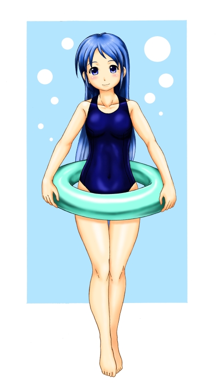 1girl aqua_background blue_eyes blue_hair breasts full_body innertube kantai_collection kudou_(ooabareteng) looking_at_viewer sailor_collar samidare_(kantai_collection) school_swimsuit small_breasts smile solo swimsuit two-tone_background white_background