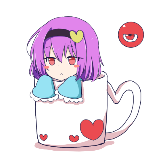 1girl :&lt; bangs black_hairband blush_stickers commentary_request cup eyebrows_visible_through_hair frilled_sleeves frills hair_between_eyes hairband heart in_container in_cup jitome komeiji_satori long_sleeves looking_at_viewer minigirl mug purple_hair red_eyes shadow short_hair simple_background solo third_eye touhou white_background wide_sleeves ying1hua1