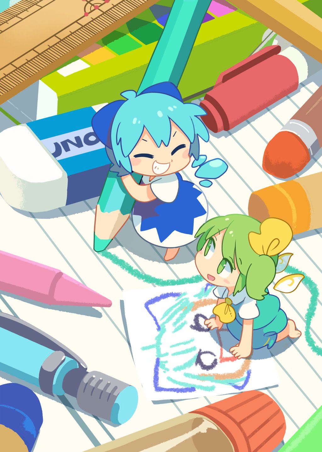 2girls :d ^_^ aqua_dress ascot barefoot blue_bow blue_dress blue_hair blush_stickers bow cirno closed_eyes crayon daiyousei detached_wings dress eraser fairy_wings green_eyes green_hair grin hair_bow highres ice ice_wings lined_paper looking_up minigirl moyazou_(kitaguni_moyashi_seizoujo) multiple_girls open_mouth paper pencil ruler short_hair short_sleeves side_ponytail smile touhou wings wooden_pencil yellow_bow yellow_neckwear