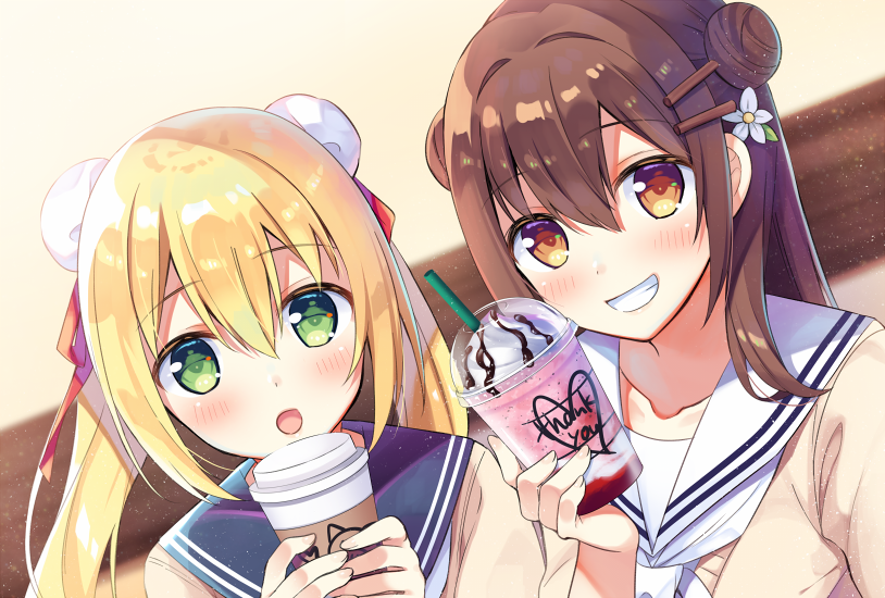 2girls :d anzu_(sumisaki_yuzuna) blonde_hair blue_sailor_collar blush brown_eyes brown_hair bun_cover cardigan commentary_request cup disposable_cup double_bun dutch_angle flower green_eyes grin hair_flower hair_ornament hair_ribbon hairclip heart holding holding_cup long_hair looking_at_viewer multiple_girls open_mouth original red_ribbon ribbon sailor_collar school_uniform serafuku shirt side_bun smile sumisaki_yuzuna thank_you twintails white_flower white_sailor_collar white_shirt