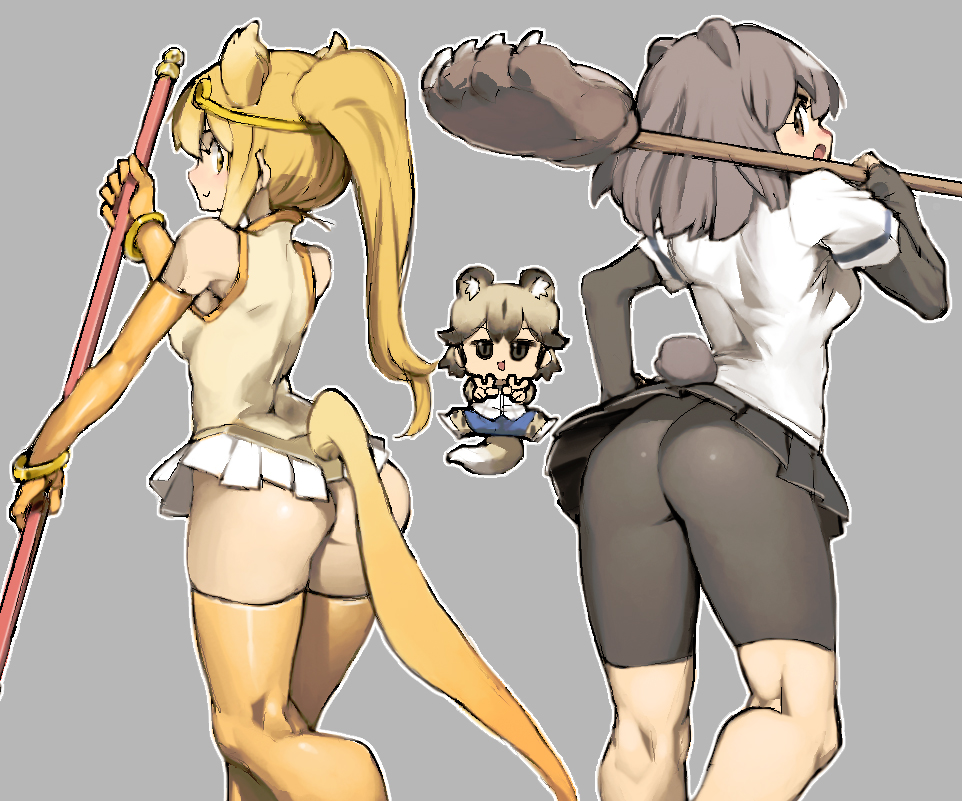 3girls african_wild_dog_(kemono_friends) african_wild_dog_ears african_wild_dog_tail animal_ears ass back bear_ears bear_paw_hammer bear_tail bike_shorts black_hair black_skirt blush brown_bear_(kemono_friends) chibi circlet commentary_request double_v elbow_gloves gloves golden_snub-nosed_monkey_(kemono_friends) high_ponytail holding holding_staff kemono_friends leotard long_hair looking_at_viewer looking_back monkey_ears monkey_tail multicolored_hair multiple_girls open_mouth pleated_skirt ponytail shirt short_hair short_sleeves shorts_under_skirt simple_background skirt smile staff tail v white_shirt yellow_gloves yellow_legwear yellow_leotard ysk!