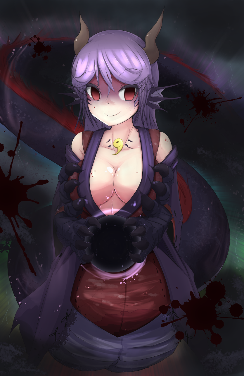 1girl alternate_color alternate_hair_color animal_ears blood blood_splatter breasts claws empty_eyes eyebrows_visible_through_hair head_fins highres horns japanese_clothes kimono lamia large_breasts long_hair looking_at_viewer monster_girl monster_girl_encyclopedia nanostar purple_hair purple_kimono red_eyes ryuu_(monster_girl_encyclopedia) smile solo