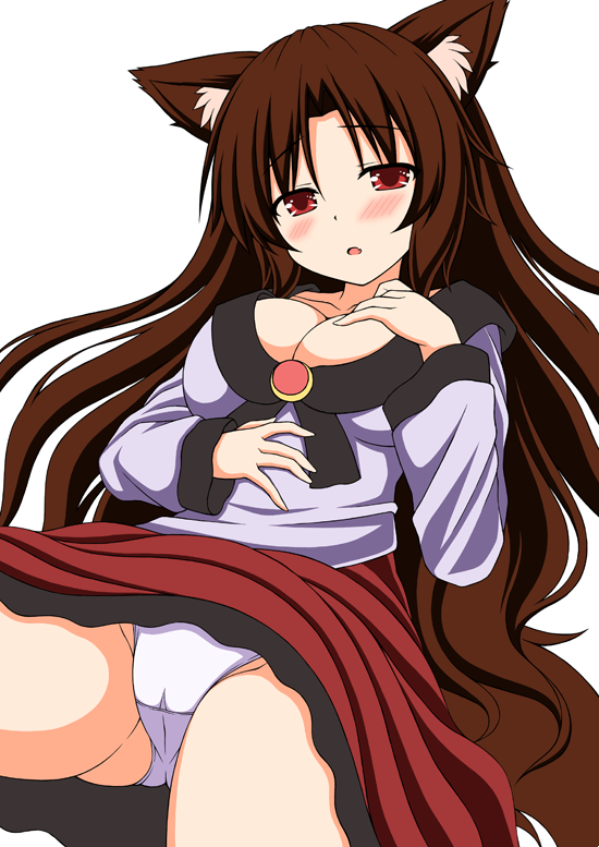 1girl :o animal_ears bangs blush breasts brown_hair cleavage collarbone commentary_request cowboy_shot eyebrows_visible_through_hair fang groin hand_on_own_chest hand_on_own_stomach imaizumi_kagerou large_breasts long_hair long_sleeves looking_at_viewer nagana_sayui panties parted_bangs red_eyes red_skirt shirt simple_background skirt sleeve_cuffs solo spread_legs tareme touhou underwear upskirt white_background white_panties white_shirt wolf_ears