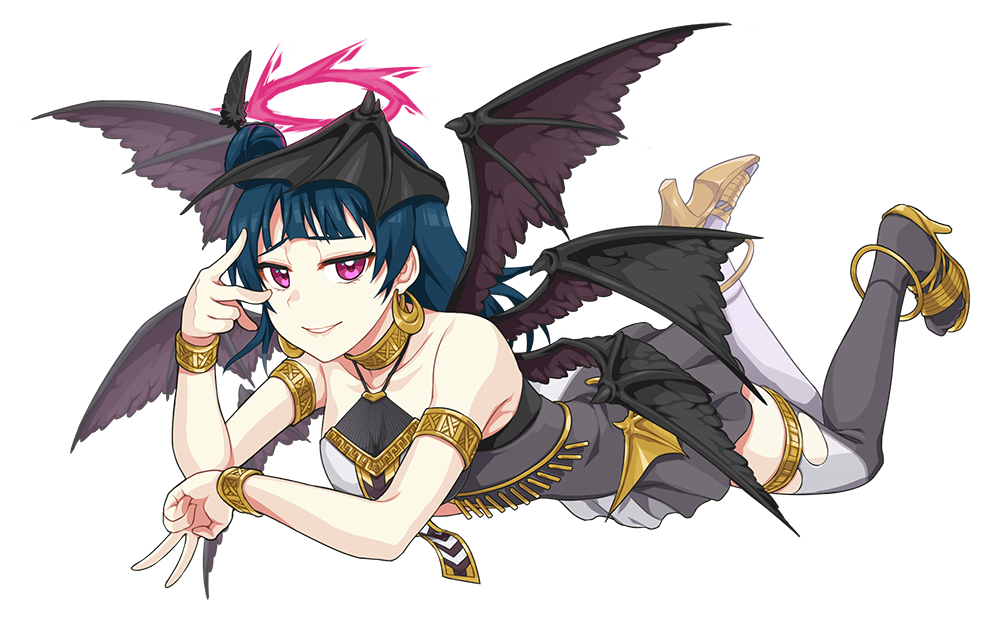 1girl ankle armlet bangs black_feathers black_legwear blue_hair bracelet chu_kai_man dark_halo demon_wings dress earrings feathers full_body grey_legwear hair_feathers half-closed_eyes halterneck head_wings high_heels jewelry love_live! love_live!_sunshine!! lying multiple_wings necklace on_stomach parted_lips seraph side_bun sleeveless smile solo thigh-highs thighlet transparent_background tsushima_yoshiko two-tone_dress two-tone_legwear v violet_eyes w_over_eye wings