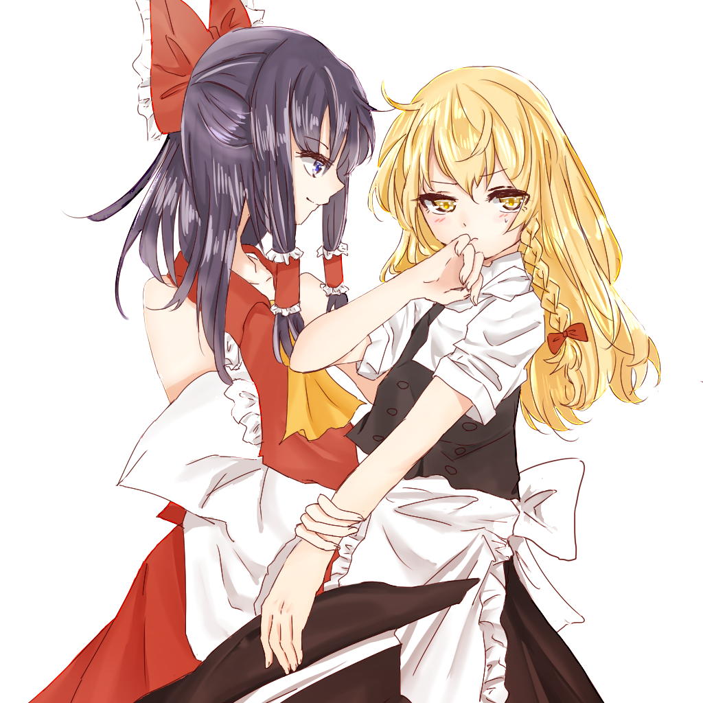 2girls ascot bare_shoulders black_hair blonde_hair blouse blue_eyes blush bow braid frilled_shirt_collar frills hair_bow hair_tubes hakurei_reimu hat hat_removed headwear_removed kirisame_marisa large_bow long_hair looking_away multiple_girls ryouta_5018 short_sleeves side_braid single_braid skirt skirt_set smile touhou vest wiping_mouth witch_hat wrist_grab yellow_eyes yuri