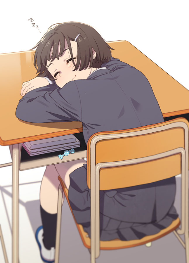 1girl :3 brown_hair candy closed_eyes desk food hair_ornament hairclip mattaku_mousuke original school_uniform shoes short_hair sitting sleeping solo uwabaki white_background zzz