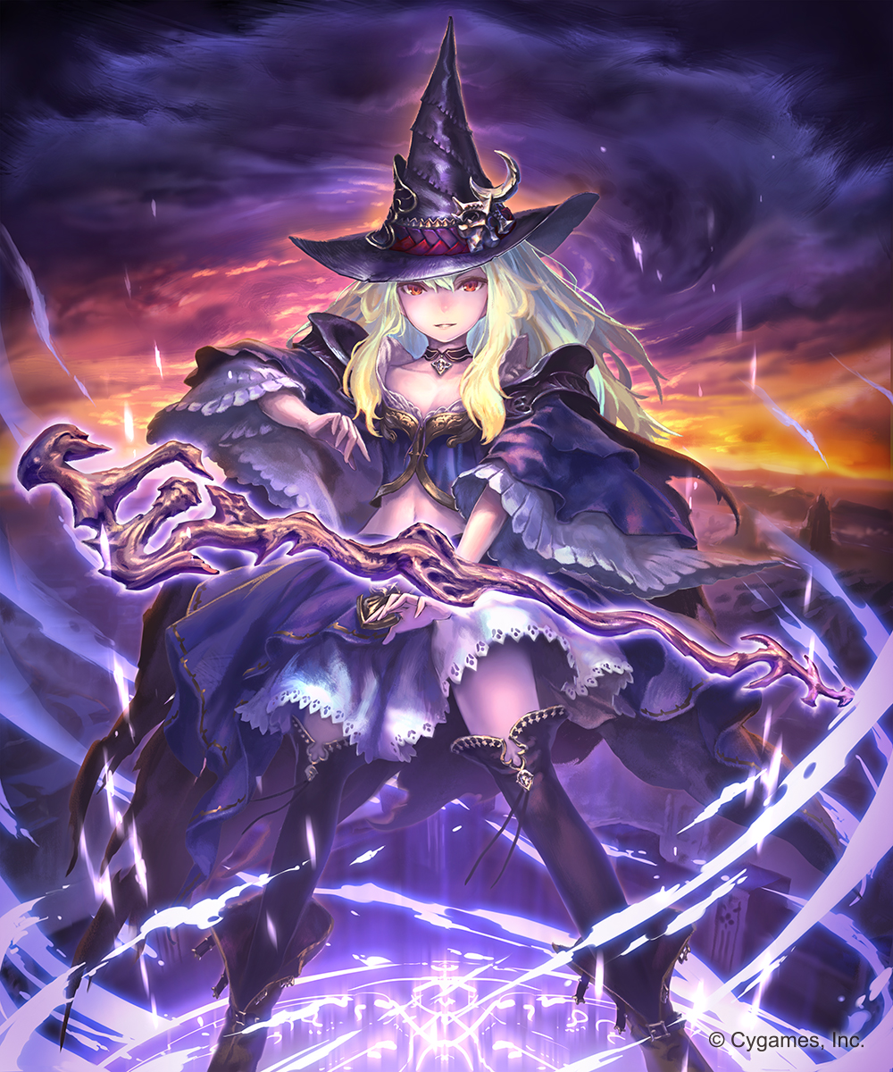 1girl black_footwear blonde_hair boots breasts choker cleavage clouds cloudy_sky collarbone dorothy_(shingeki_no_bahamut) floating_hair hat highres hisakata_souji layered_skirt long_hair midriff navel outdoors parted_lips purple_hat purple_skirt red_eyes shingeki_no_bahamut skirt sky small_breasts solo staff stomach thigh-highs thigh_boots witch_hat