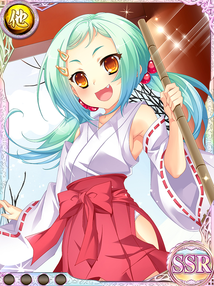 1girl armpits broom brown_eyes card_(medium) chinkyuu detached_sleeves fang green_hair hair_bobbles hair_ornament hairclip hakama hakama_skirt japanese_clothes katagiri_hinata koihime_musou long_hair miko official_art open_mouth shirt smile solo twintails white_shirt