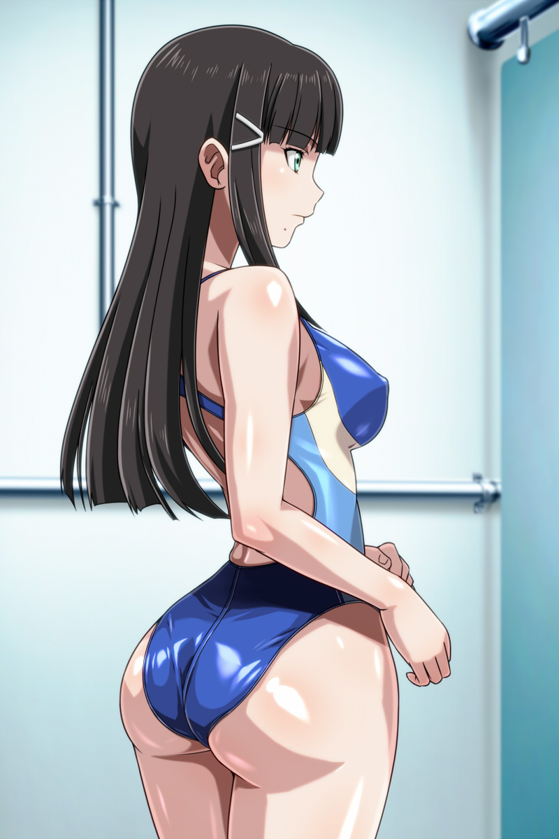 1girl anime_coloring ass bangs bare_arms bare_shoulders blue_swimsuit blunt_bangs blush breasts brown_hair closed_mouth competition_swimsuit cowboy_shot erect_nipples expressionless eyebrows_visible_through_hair from_behind green_eyes hair_ornament hairclip highres indoors kurosawa_dia legs_together long_hair love_live! love_live!_sunshine!! medium_breasts mole mole_under_mouth monteriakitto one-piece_swimsuit profile shiny shiny_clothes shiny_skin sidelocks skin_tight solo standing swimsuit