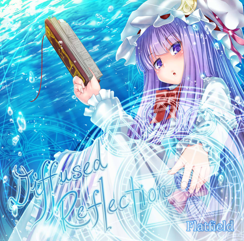 1girl :o air_bubble album_cover bangs blue_ribbon blunt_bangs book bookmark bubble circle_name commentary_request cover crescent crescent_moon_pin dress eyebrows_visible_through_hair eyes_visible_through_hair feet_out_of_frame fingernails frilled_sleeves frills grimoire hair_ribbon hand_up hat hat_ribbon hexagram holding holding_book index_finger_raised jitome light_blush long_hair long_sleeves looking_at_viewer magic_circle mob_cap neck_ribbon patchouli_knowledge puffy_long_sleeves puffy_sleeves purple_dress purple_hair red_neckwear red_ribbon ribbon sidelocks sitting solo touhou umarutsufuri underwater violet_eyes
