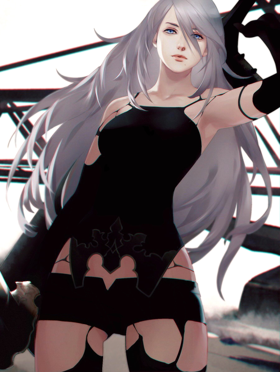 1girl android armlet armpits black_gloves black_shorts elbow_gloves eriya-j gloves holding holding_sword holding_weapon long_hair mole mole_under_mouth nier_(series) nier_automata pink_lips robot_joints short_shorts shorts silver_hair standing sword sword_behind_back tank_top weapon yorha_type_a_no._2