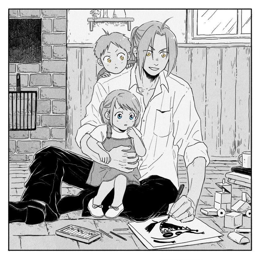 1girl 2boys aqua_eyes black_footwear black_pants brick_wall buttons child collared_shirt cube drawing dress_shirt edward_elric father_and_daughter father_and_son full_body fullmetal_alchemist greyscale hanayama_(inunekokawaii) limited_palette long_hair monochrome multiple_boys on_ground pants parted_lips shirt shoes short_hair siblings sitting smile spot_color window yellow_eyes