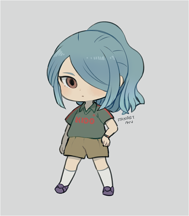 1girl ayu_(mog) blue_hair bracelet brown_eyes brown_shorts chibi closed_mouth clothes_writing copyright_request full_body green_shirt grey_background hair_over_one_eye jewelry kneehighs legs_apart looking_at_viewer one_eye_covered ponytail purple_footwear shirt shoes short_shorts short_sleeves shorts signature simple_background solo standing white_legwear