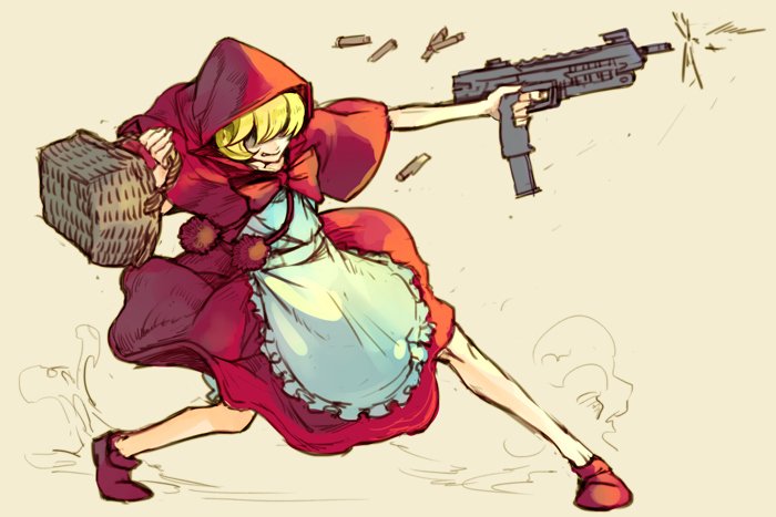 1girl apron blonde_hair bow bowtie bulleta commentary_request dress grimace gun hair_over_eyes hankuri holding holding_gun holding_weapon hood hood_up legs_apart picnic_basket pom_pom_(clothes) red_capelet red_dress red_footwear red_hood red_neckwear shell_casing shoes solo standing submachine_gun vampire_(game) weapon white_apron