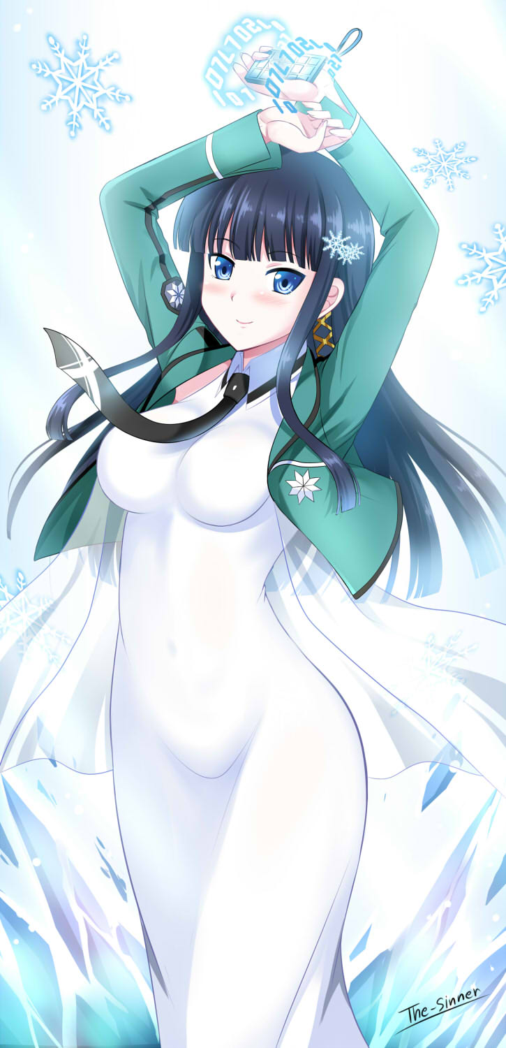 1girl arms_up artist_name bangs black_neckwear blunt_bangs blush breasts collared_dress covered_navel cowboy_shot dress feet_out_of_frame gradient gradient_background green_jacket hair_ornament highres holding jacket long_sleeves looking_at_viewer mahouka_koukou_no_rettousei medium_breasts necktie number open_clothes open_jacket shiba_miyuki sidelocks smile snowflake_hair_ornament snowflakes solo standing straight_hair the-sinner white_dress wing_collar