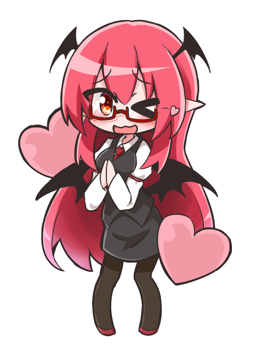 &gt;_o 1girl ;3 ;d bat_wings bespectacled black_legwear blush chibi commentary_request dress_shirt eyebrows_visible_through_hair full_body glasses hands_together head_wings heart juliet_sleeves koakuma long_hair long_sleeves looking_at_viewer low_wings necktie not_on_shana one_eye_closed open_mouth pantyhose pointy_ears puffy_sleeves red-framed_eyewear red_eyes red_neckwear redhead semi-rimless_eyewear shirt simple_background skirt skirt_set smile solo touhou very_long_hair vest white_background white_shirt wings