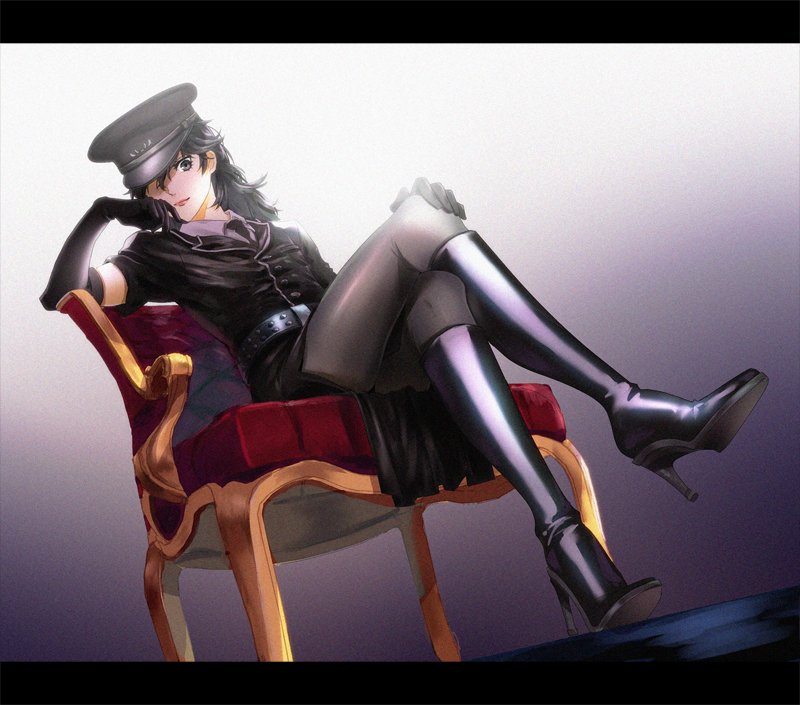 1boy alternate_costume amamiya_ren armchair black_footwear black_gloves black_hair boots chair crossdressinging elbow_gloves gloves hat hat_over_one_eye high_heel_boots high_heels legs_crossed looking_at_viewer medium_hair mina_(o414) necktie pantyhose peaked_cap persona persona_5 persona_5:_dancing_star_night persona_dancing smile solo trap