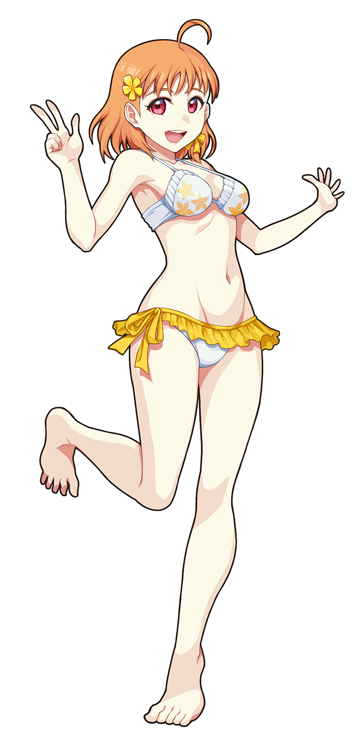 1girl :d ahoge bangs barefoot bikini bikini_skirt bow chu_kai_man floral_print flower full_body hair_bow hair_flower hair_ornament highres looking_at_viewer love_live! love_live!_sunshine!! midriff navel open_mouth orange_hair print_bikini red_eyes short_hair side-tie_bikini smile solo standing standing_on_one_leg swimsuit takami_chika transparent_background w yellow_bow