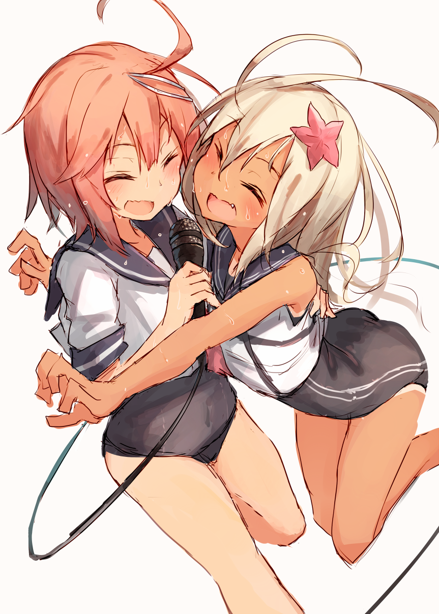 2girls :d ahoge beize_(garbage) blonde_hair blush closed_eyes commentary_request fang highres i-58_(kantai_collection) kantai_collection long_hair microphone multiple_girls old_school_swimsuit open_mouth pink_hair ro-500_(kantai_collection) school_swimsuit school_uniform serafuku short_hair simple_background sketch smile starfish_hair_ornament swimsuit swimsuit_under_clothes wet white_background