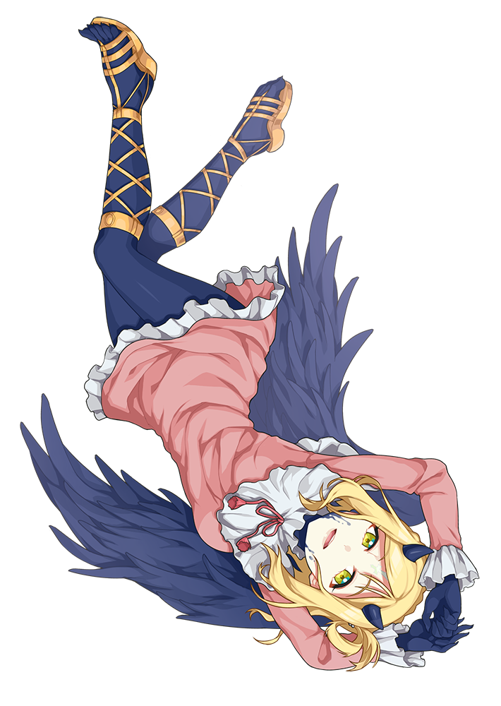 1girl arms_up blonde_hair braid chu_kai_man claws cross-laced_footwear crown_braid demon_horns dress feathered_wings frilled_dress frilled_skirt frills full_body green_eyes hair_rings horns looking_at_viewer love_live! love_live!_sunshine!! navy_blue_legwear ohara_mari open_mouth pantyhose pink_dress sandals skirt solo toe_socks transparent_background upside-down wings