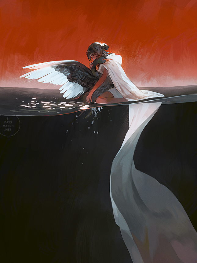 1girl animal bird brown_hair cape closed_eyes commentary dark_skin english_commentary full_body hug kneeling loika original red_background shorts simple_background swan tied_hair water watermark white_cape white_shorts