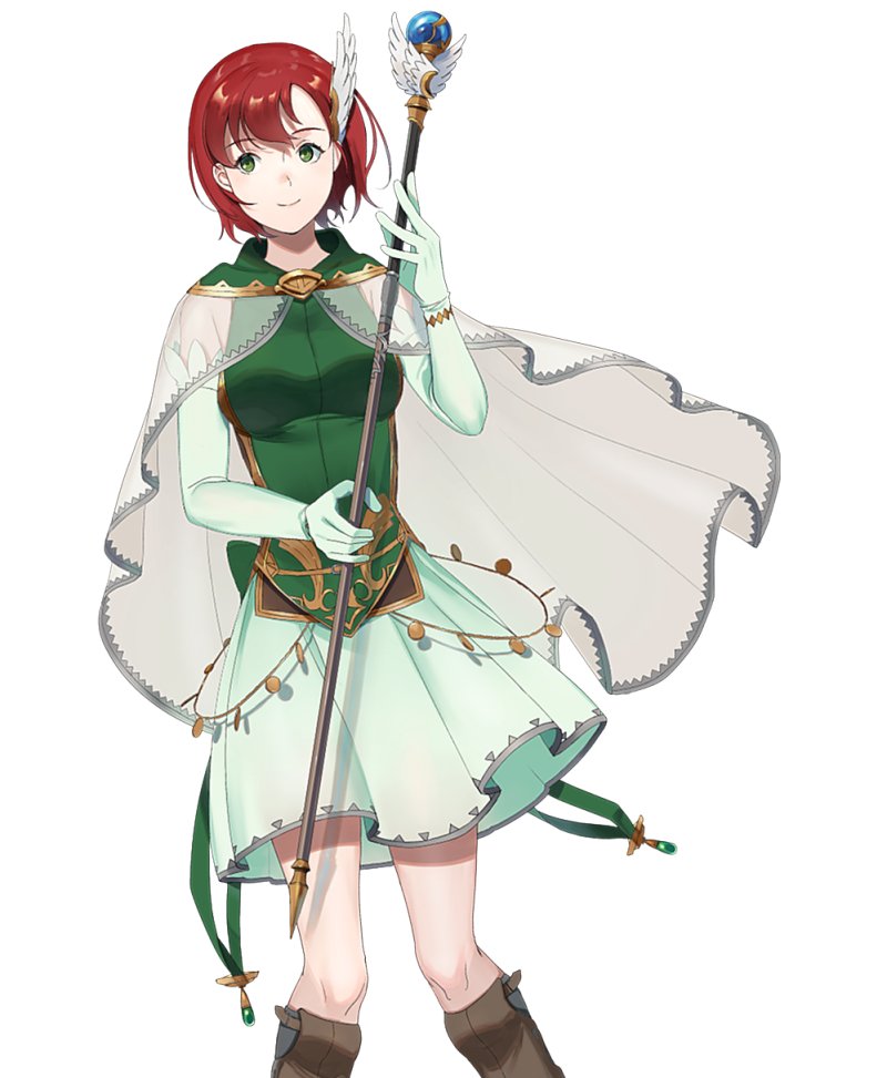 1girl artist_request blush cape dress elbow_gloves fire_emblem fire_emblem:_rekka_no_ken fire_emblem_heroes gloves green_eyes green_hair looking_at_viewer priscilla_(fire_emblem) redhead short_hair smile solo staff