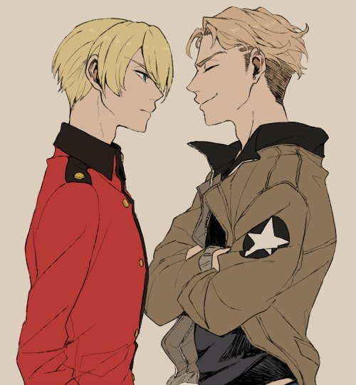 2boys blonde_hair bomber_jacket closed_mouth darjeeling fade_(haircut) genderswap genderswap_(ftm) girls_und_panzer jacket kay_(girls_und_panzer) male_focus multiple_boys ree_(re-19) saunders_military_uniform simple_background st._gloriana's_military_uniform tan_background uniform upper_body