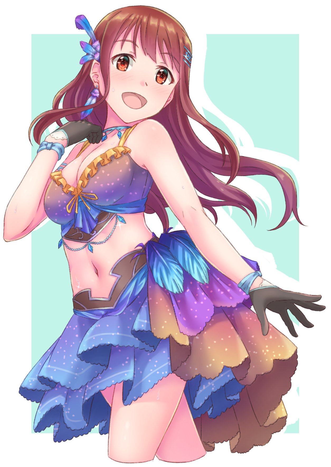 1girl :d black_gloves blush breasts brown_eyes brown_hair choker cleavage commentary feathers gloves hair_ornament highres idol_clothes idolmaster idolmaster_million_live! jewelry layered_skirt long_hair looking_at_viewer midriff navel open_mouth smile solo soujin stomach tanaka_kotoha thighs