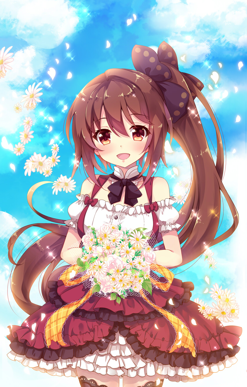 1girl :d bangs black_bow black_legwear blue_sky blush bouquet bow brown_eyes brown_hair character_request clouds commentary_request cowboy_shot detached_sleeves dress eyebrows_visible_through_hair flower frilled_shirt frills gothic_wa_mahou_otome hair_between_eyes hair_bow head_tilt high_ponytail highres hinata_momo holding holding_bouquet long_hair off-shoulder_shirt open_mouth puffy_short_sleeves puffy_sleeves red_dress shirt short_sleeves side_ponytail sky sleeveless sleeveless_dress smile solo thigh-highs very_long_hair white_flower white_shirt