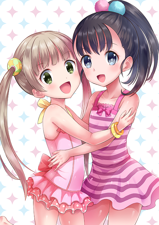 2girls amu_enya black_hair blue_eyes bracelet brown_hair casual_one-piece_swimsuit dress fukuyama_mai green_eyes hug idolmaster idolmaster_cinderella_girls jewelry long_hair multiple_girls one-piece_swimsuit open_mouth pink_dress pink_swimsuit ponytail short_dress smile striped striped_dress sundress swimsuit swimsuit_skirt twintails yokoyama_chika