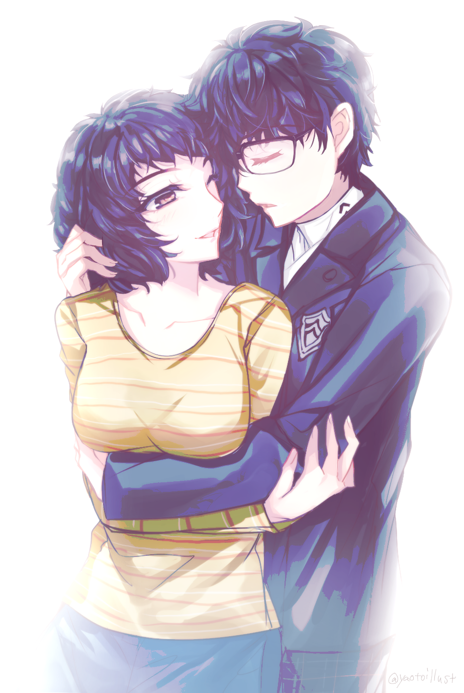 1boy 1girl ;d amamiya_ren black-framed_eyewear black_hair black_jacket breasts brown_eyes closed_eyes collarbone collared_shirt couple emblem eyebrows_visible_through_hair gakuran glasses hair_over_one_eye hetero highres hug hug_from_behind jacket kawakami_sadayo long_sleeves medium_breasts one_eye_closed open_mouth persona persona_5 school_uniform shirt simple_background smile striped striped_shirt twitter_username upper_body white_background wing_collar yaoto yellow_shirt