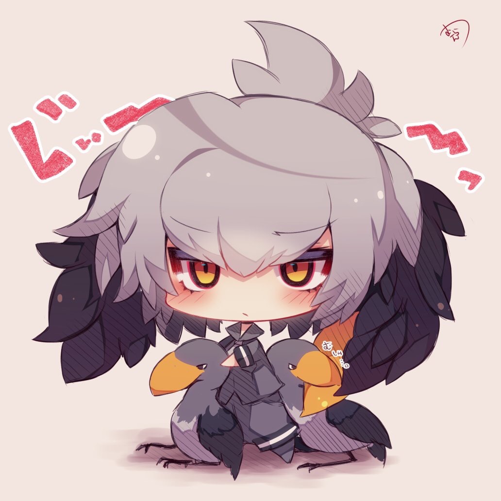 1girl animal bangs bird bird_wings black_hair blush chibi closed_mouth collared_shirt commentary_request eyebrows_visible_through_hair feathered_wings grey_hair grey_legwear grey_shirt grey_shorts hair_between_eyes head_wings kemono_friends long_sleeves looking_at_viewer multicolored_hair muuran necktie no_shoes orange_eyes orange_hair pantyhose shirt shoebill shoebill_(kemono_friends) shorts signature solo standing staring translation_request white_neckwear wings