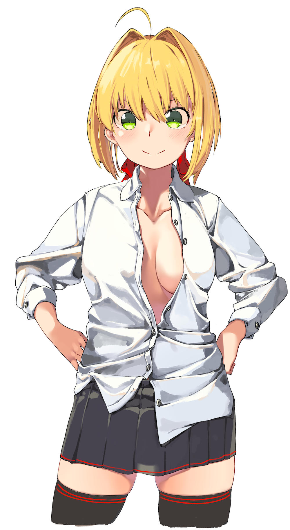 1girl ahoge alternate_costume bangs black_legwear black_skirt blonde_hair breasts breasts_apart collared_shirt fate/extra fate_(series) green_eyes hair_intakes hair_ribbon hands_on_hips highres kei_(soundcross) long_sleeves medium_breasts nero_claudius_(fate) nero_claudius_(fate)_(all) no_bra open_clothes open_shirt partially_unbuttoned pleated_skirt red_ribbon ribbon shiny shiny_hair shirt short_hair sidelocks simple_background skirt solo standing tareme thigh-highs unbuttoned unbuttoned_shirt white_background white_shirt wing_collar zettai_ryouiki