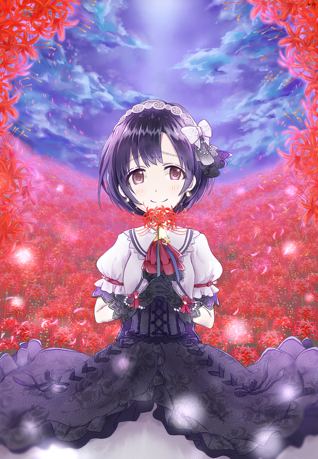 1girl ascot black_gloves black_hair black_ribbon blush bow bracelet brooch brown_eyes clouds commentary_request cowboy_shot dress earrings field floral_print flower flower_field gloves hair_bow hair_ornament hairband highres holding holding_flower idolmaster idolmaster_cinderella_girls idolmaster_cinderella_girls_starlight_stage jewelry light_particles myk_(my_myk) night night_sky own_hands_together puffy_short_sleeves puffy_sleeves ribbon shiragiku_hotaru short_hair short_sleeves sky smile solo spider_lily wrist_ribbon