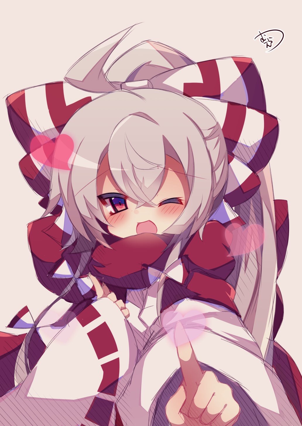 1girl ;d ahoge bangs blush bow commentary_request eyebrows_visible_through_hair fujiwara_no_mokou fur-trimmed_sleeves fur_trim grey_hair hair_between_eyes hair_bow heart high_ponytail highres index_finger_raised koi_dance long_hair long_sleeves muuran one_eye_closed open_mouth outstretched_arm ponytail red_eyes red_scarf scarf signature sleeves_past_wrists smile solo touhou very_long_hair white_bow wide_sleeves