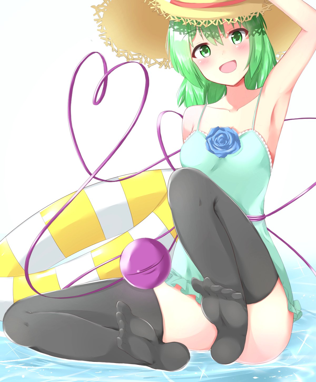 1girl :d alternate_headwear aqua_swimsuit arm_up armpits bent_knees black_legwear blue_flower blue_rose blush breasts collarbone commentary_request convenient_leg dress_swimsuit eyebrows_visible_through_hair flower frilled_swimsuit frills green_eyes green_hair hat hat_ribbon heart heart_of_string highres innertube knee_up komeiji_koishi large_breasts looking_at_viewer open_mouth red_ribbon ribbon rose sabana_(sabasabaflash) short_hair sitting smile solo sparkle sun_hat swimsuit tareme thigh-highs third_eye toes tongue touhou water white_background
