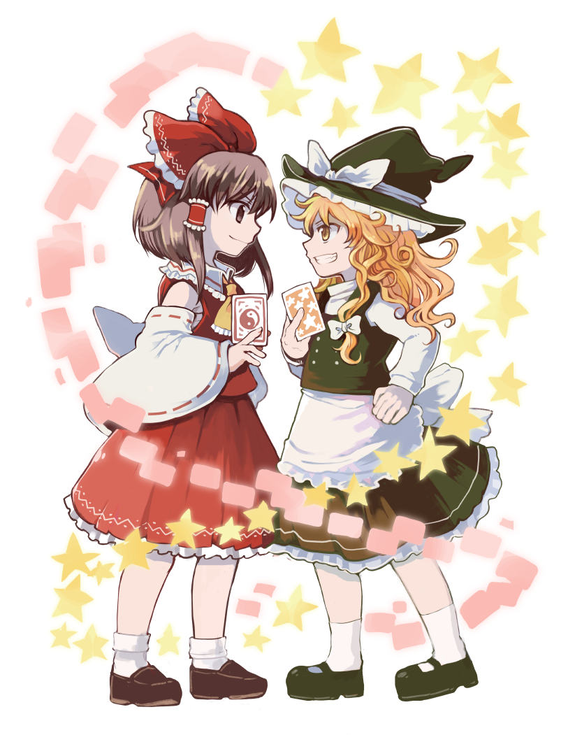 2girls bare_shoulders black_footwear blonde_hair blouse brown_eyes brown_footwear brown_hair commentary_request danmaku detached_sleeves eye_contact face-to-face frilled_shirt_collar frills grin hakurei_reimu hand_on_hip hat heart heart_of_danmaku implied_yuri kirisame_marisa loafers long_sleeves looking_at_another messy_hair multiple_girls ofuda partial_commentary sarashi shoes skirt skirt_set smile socks spell_card star tako_(plastic_protein) touhou turtleneck vest wavy_hair witch_hat yellow_eyes yin_yang