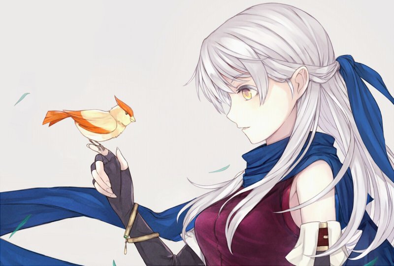 1girl artist_request bare_shoulders bird blue_scarf dress fingerless_gloves fire_emblem fire_emblem:_akatsuki_no_megami fire_emblem_heroes gloves half_updo jewelry long_hair micaiah scarf silver_hair sleeveless yellow_eyes yune