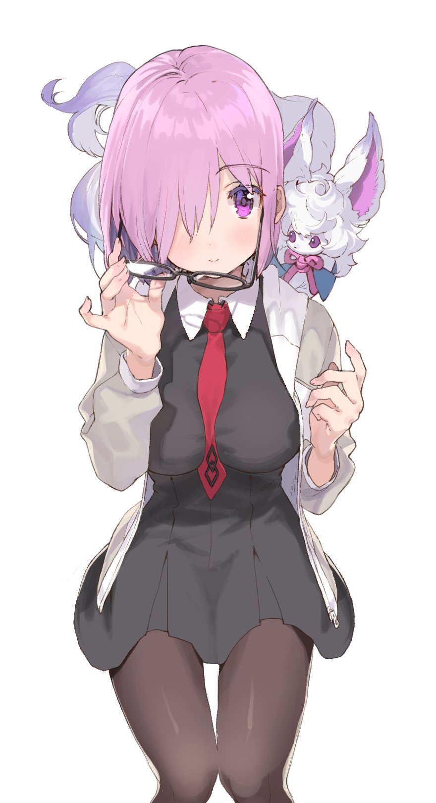 1girl animal animal_on_shoulder between_breasts black_dress breasts brown_legwear closed_mouth collared_dress commentary_request dress eyebrows_visible_through_hair eyewear_removed fate/grand_order fate_(series) feet_out_of_frame fingernails fou_(fate/grand_order) hair_over_one_eye hands_up highres holding_eyewear jacket kanzarin_(hoochikiss) knees_together large_breasts light_blush light_smile looking_at_another looking_at_viewer mash_kyrielight necktie necktie_between_breasts pantyhose purple_hair red_neckwear short_hair simple_background sleeve_cuffs solo unzipped violet_eyes white_background white_jacket zipper_pull_tab