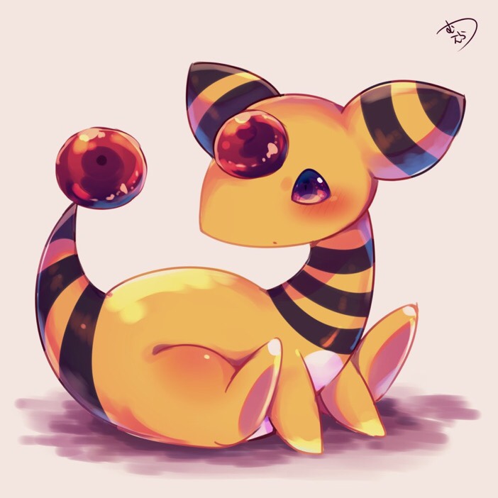 ampharos blush brown_eyes chibi closed_mouth commentary_request full_body gen_2_pokemon looking_away looking_to_the_side muuran no_humans orb pokemon pokemon_(creature) profile shadow signature sitting solo striped striped_tail