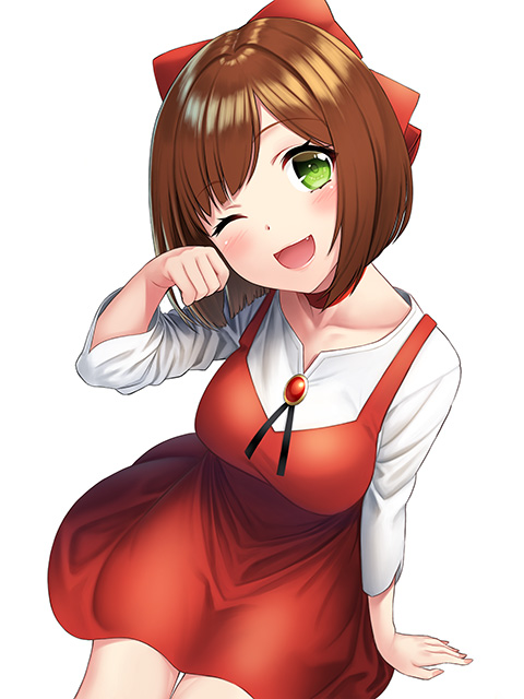 1girl ;d bangs blush bow breasts brooch brown_hair choker collarbone commentary_request cosplay dress eyebrows_visible_through_hair fang gegege_no_kitarou green_eyes hair_bow head_tilt idolmaster idolmaster_cinderella_girls jewelry kyon_(fuuran) large_breasts long_sleeves looking_at_viewer maekawa_miku nekomusume nekomusume_(cosplay) nekomusume_(gegege_no_kitarou_6) nekomusume_(gegege_no_kitarou_6)_(cosplay) one_eye_closed open_mouth paw_pose red_bow red_choker red_dress shirt short_dress short_hair simple_background sitting smile solo white_background white_shirt