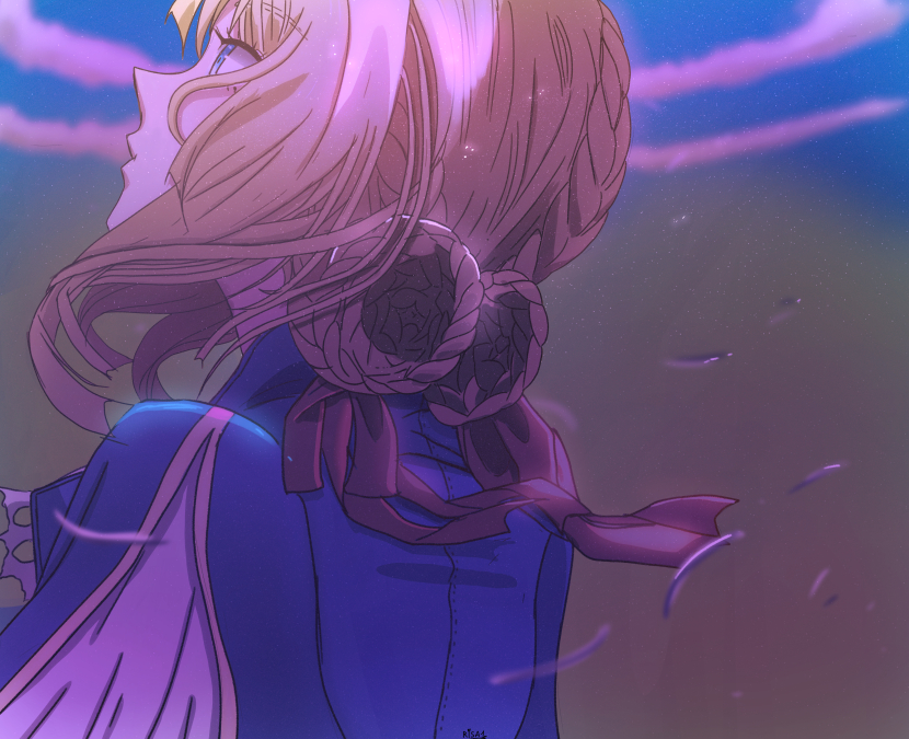 1girl bangs blonde_hair blue_eyes blue_jacket braid braided_bun clouds double_bun dress from_behind hair_between_eyes hair_bun hair_ribbon jacket long_sleeves looking_up red_ribbon ribbon risa1 sky solo violet_evergarden violet_evergarden_(character)