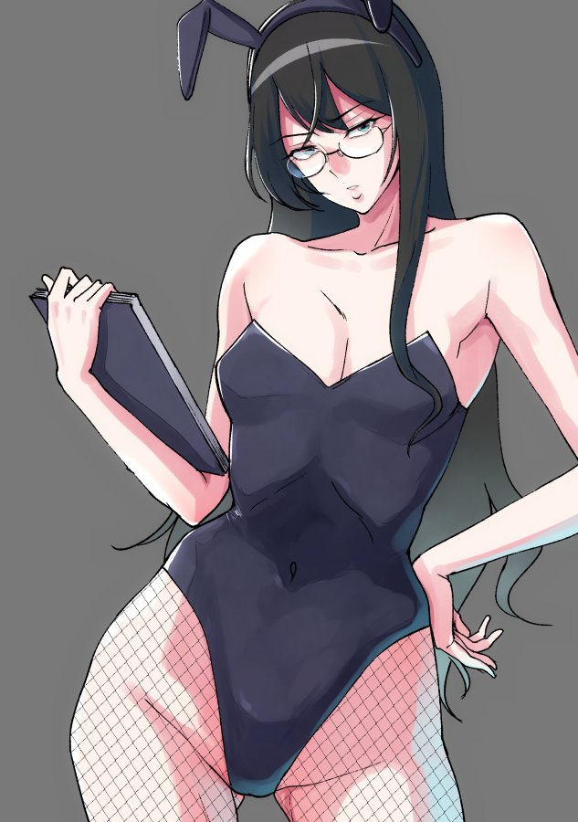 1girl animal_ears bifidus black_hair blue_eyes book breasts bunnysuit cleavage commentary_request covered_navel fake_animal_ears glasses grey_background hairband hand_on_hip holding holding_book kantai_collection long_hair looking_at_viewer medium_breasts navel ooyodo_(kantai_collection) pantyhose parted_lips rabbit_ears sidelocks skindentation solo