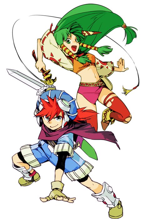 1boy 1girl :d armored_boots belt blue_eyes blue_shorts boots closed_mouth commentary_request feena_(grandia) fighting_stance fingerless_gloves floating_hair gloves grandia grandia_i green_eyes green_hair hair_tubes hankuri hat holding holding_sword holding_weapon jumping justin_(grandia) legs_apart looking_at_viewer microskirt navel open_mouth red_legwear redhead scabbard scarf sheath shoes shorts simple_background skirt smile sword thigh-highs weapon white_background wide_sleeves yellow_gloves