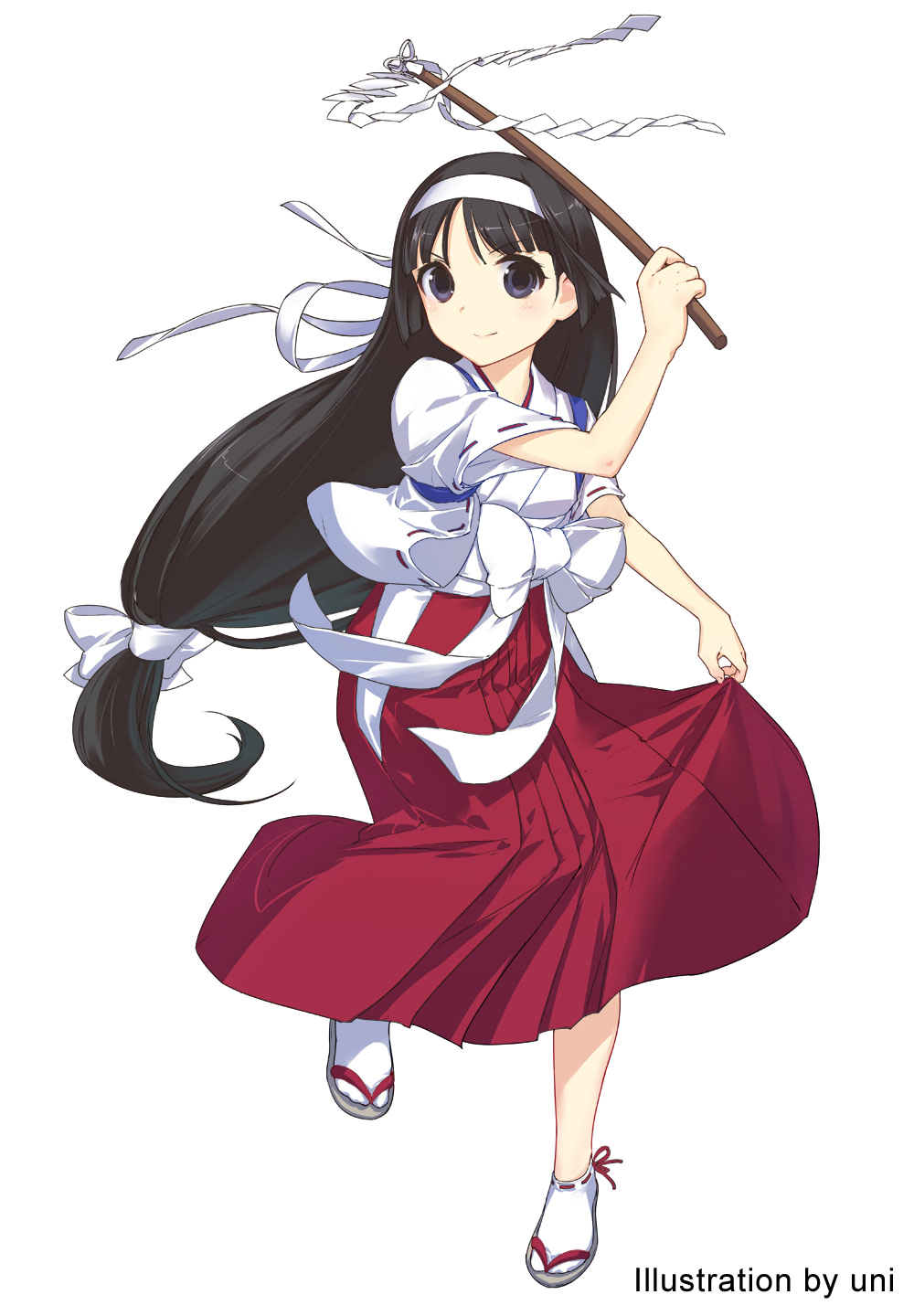 1girl artist_name black_hair elevator_action full_body gohei hairband hakama highres japanese_clothes kiki_kaikai long_hair looking_at_viewer low-tied_long_hair miko official_art ponytail red_hakama ribbon-trimmed_legwear ribbon-trimmed_sleeves ribbon_trim sayo_(kiki_kaikai) short_sleeves simple_background smile solo uni white_background