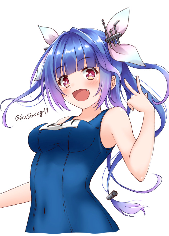 1girl :d bangs bare_arms bare_shoulders blue_hair blue_swimsuit blunt_bangs blush covered_navel cropped_torso eyebrows_visible_through_hair fang gradient_hair hair_ribbon hand_up headgear hoshino_kagari i-19_(kantai_collection) kantai_collection long_hair looking_at_viewer multicolored_hair name_tag open_mouth pink_eyes pink_ribbon purple_hair ribbon school_swimsuit sidelocks simple_background skin_tight smile solo star star-shaped_pupils swimsuit symbol-shaped_pupils tareme twitter_username upper_body v white_background