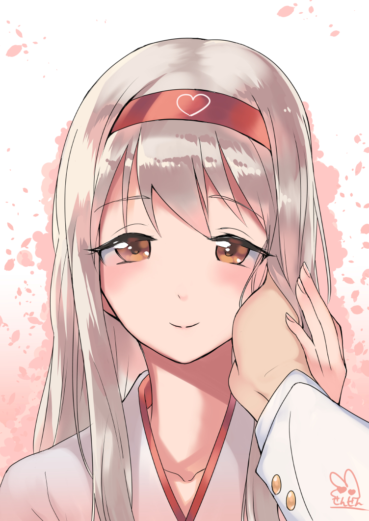 1girl bangs blush brown_eyes collarbone commentary hairband hand_on_another's_cheek hand_on_another's_face heart heart_print holding_hand japanese_clothes kantai_collection kimono long_hair long_sleeves pov red_hairband sensen shiny shiny_hair shoukaku_(kantai_collection) signature silver_hair solo_focus two-tone_background upper_body white_kimono