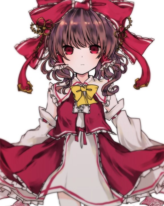 1girl blush bow commentary_request dress hair_between_eyes hair_ribbon hakurei_reimu long_hair long_sleeves looking_at_viewer multicolored multicolored_clothes multicolored_dress red_bow red_eyes red_ribbon redhead ribbon sato_imo solo touhou white_background yellow_bow