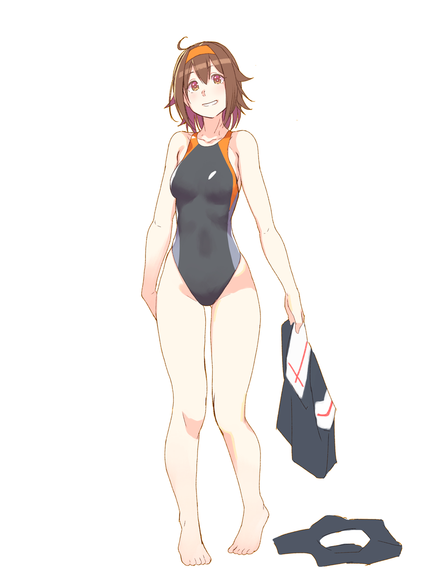 1girl :d ahoge brown_eyes brown_hair clothes_removed commentary competition_swimsuit full_body gluteal_fold hairband highres kantai_collection one-piece_swimsuit open_mouth shiratsuyu_(kantai_collection) short_hair simple_background smile solo standing swimsuit white_background yuuji_(and)